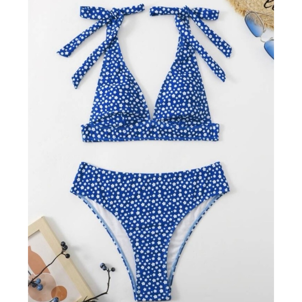 Blue Ditsy Floral Shoulder Ties High Waisted Bikini Set - Picture 2 of 6